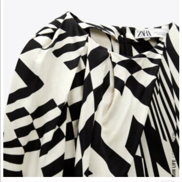 Zara Black and Ecru Draped Abstract Retro Domino Top Satin Material - Picture 6 of 7